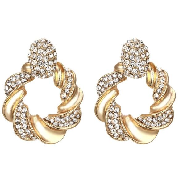 Yellow Gold with White Diamond Crystal Twisted Round Post Statement Earrings - Picture 1 of 5